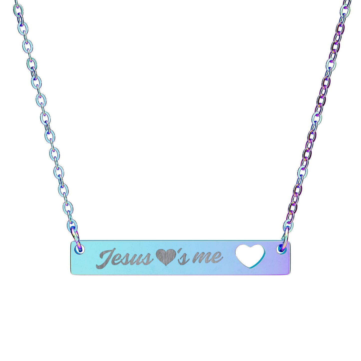 Jesus Loves Me Cutout Heart Bar Necklace | Engraved Necklace