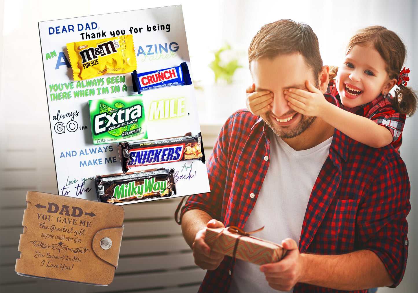 Father's Day Gift Set - Candy Poster Love Note and Personalized Engraved Wallet Gift for Dad