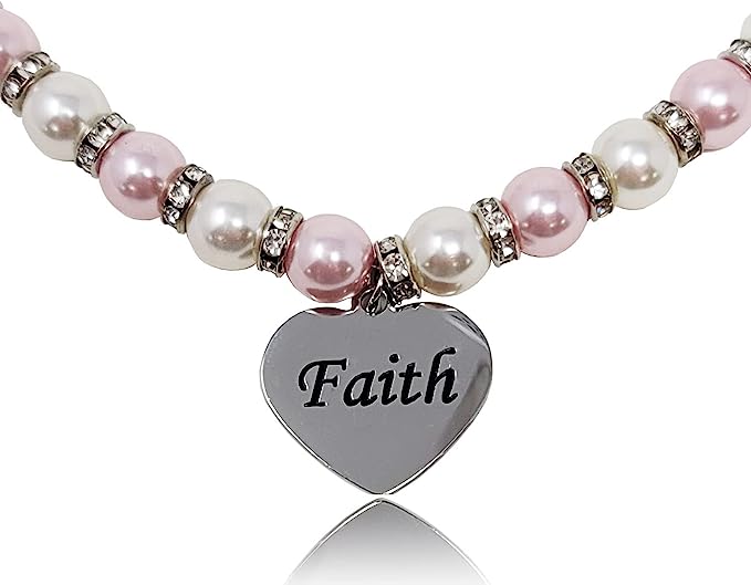 Faux Pink and White Pearl Necklace with an Engraved Silver Heart Pendant - Baptism Gift for Girls