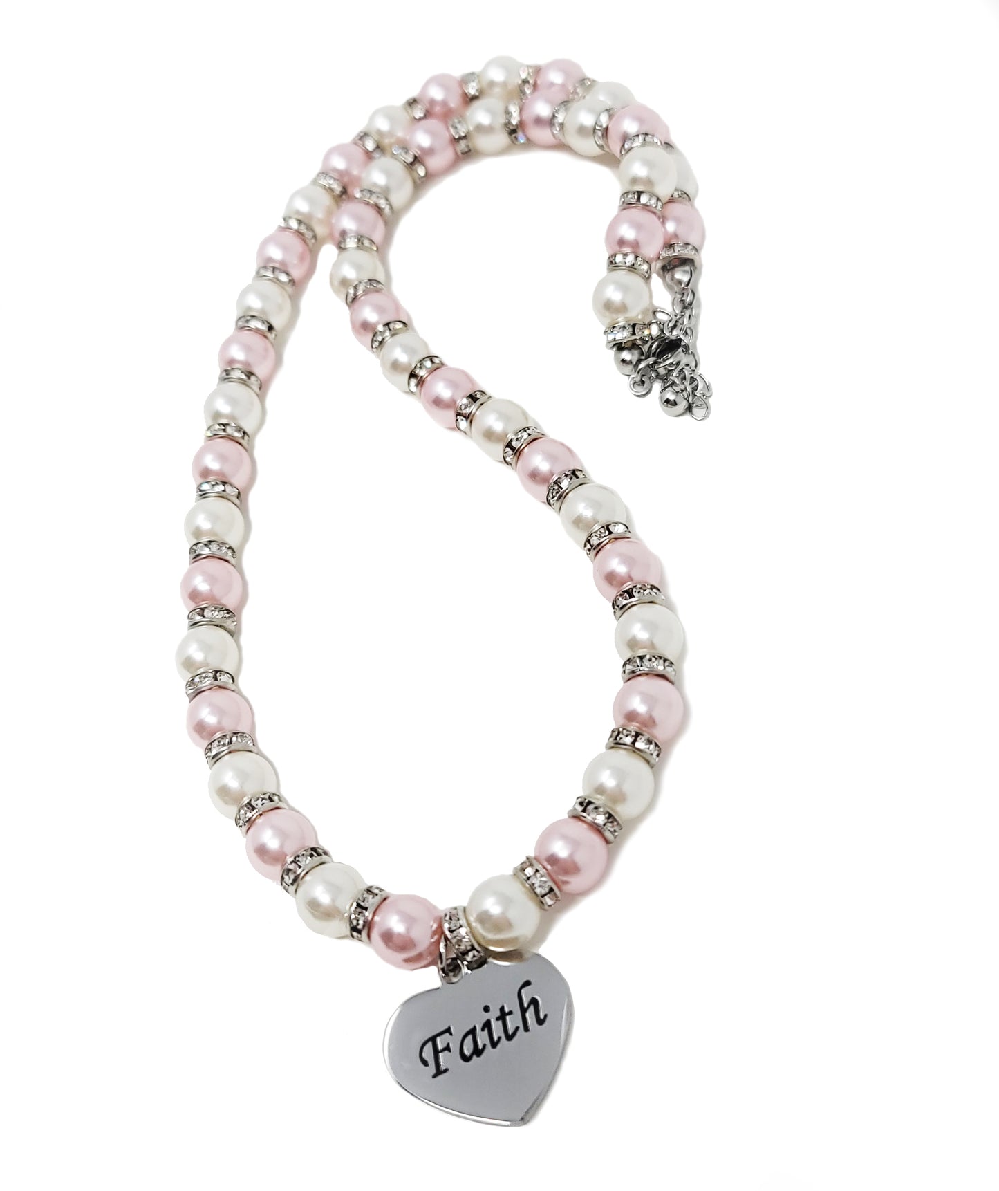 Faux Pink and White Pearl Necklace with an Engraved Silver Heart Pendant - Baptism Gift for Girls