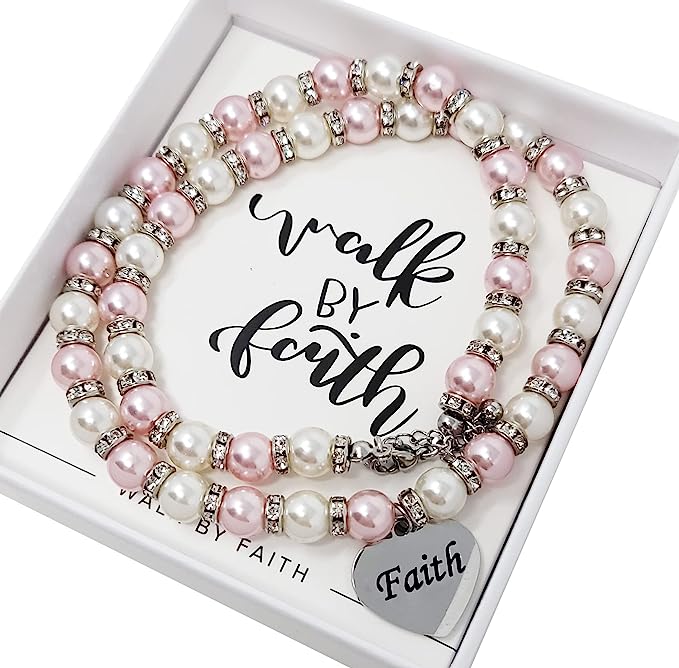 Faux Pink and White Pearl Necklace with an Engraved Silver Heart Pendant - Baptism Gift for Girls