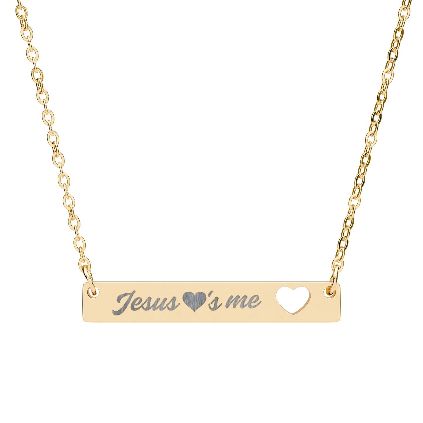 Jesus Loves Me Cutout Heart Bar Necklace | Engraved Necklace