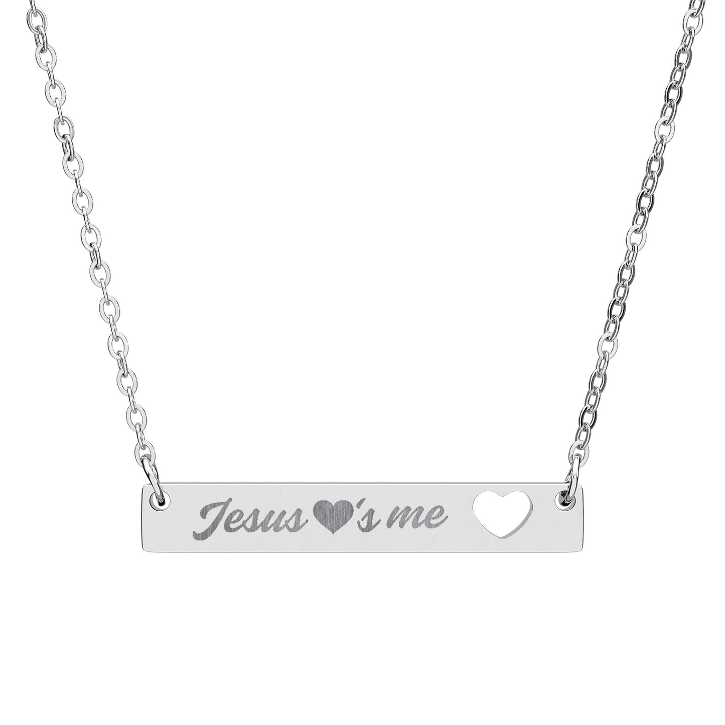 Jesus Loves Me Cutout Heart Bar Necklace | Engraved Necklace