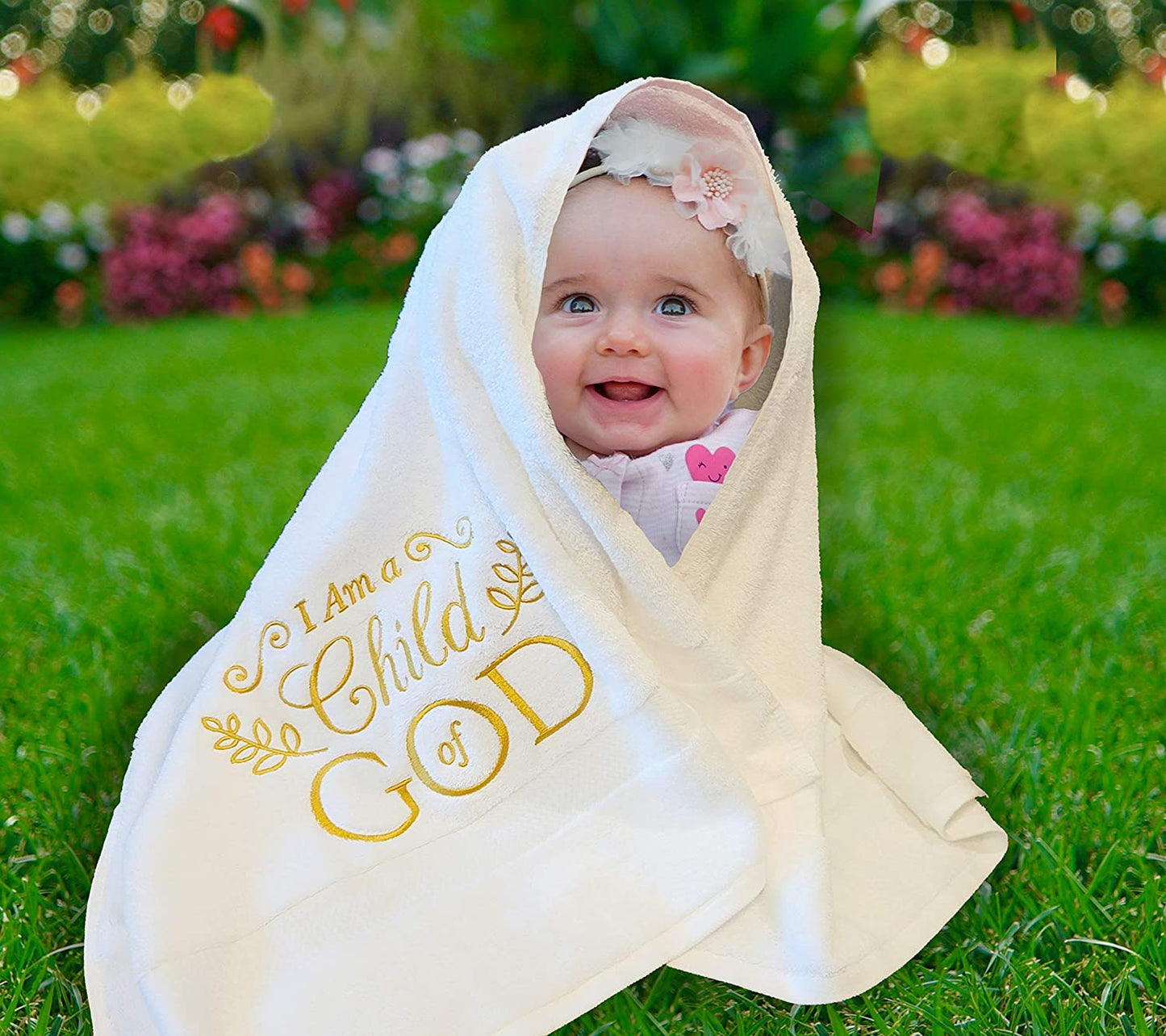 I Am A Child of God Embroidered Soft Large White Towel - Baptism Gift