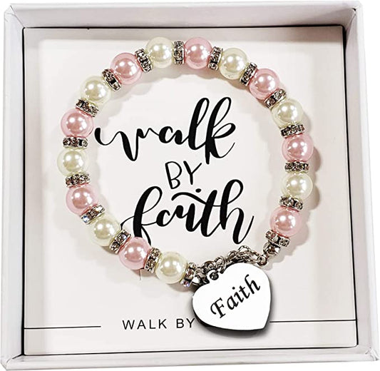 Walk By Faith Bracelet with Heart Charm and Faux Pink and White Pearls